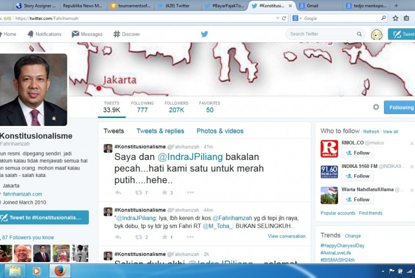 Akun Twitter Fahri Hamzah yang sedang beradu mulut dengan Indra J Piliang