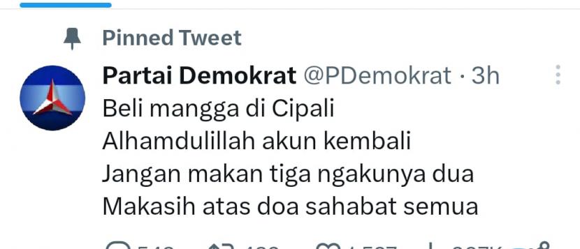 Akun Twitter milik DPP Partai Demokrat pulih.