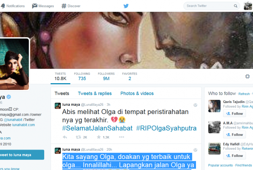 Akun Twitter milik Luna Maya mengomentari kepergian Olga Syahputra.