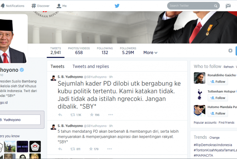 Akun Twitter Presiden SBY menanggapi isu tentang Jokowi.