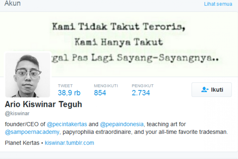 Akun Twitter pribadi Ario Kiswinar