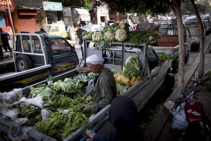 An Egyptian street vendor sits at the back of a pickup truck along with vegetables displayed for sale, in Cairo, Egypt, Thursday, Jan. 3, 2013. 