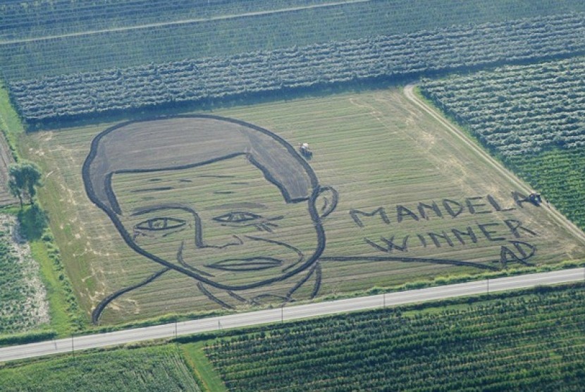 An Italian land artist Dario Gambarin shows his a gigantic portrait of former South African President Nelson Mandela, ploughed by Gambarin in a country field of 27,000 square meters, in Castagnaro, Italy. (file photo)