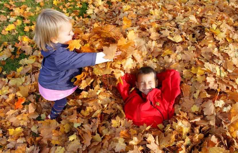 Anak-anak bermain di tumpukan daun. Dokter mengingatkan melompat ke tumpukan daun yang menggunung dapat menjadi aktivitas yang berisiko.