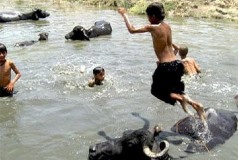 Anak-anak di India berendam di sungai untuk meredakan serangan udara panas