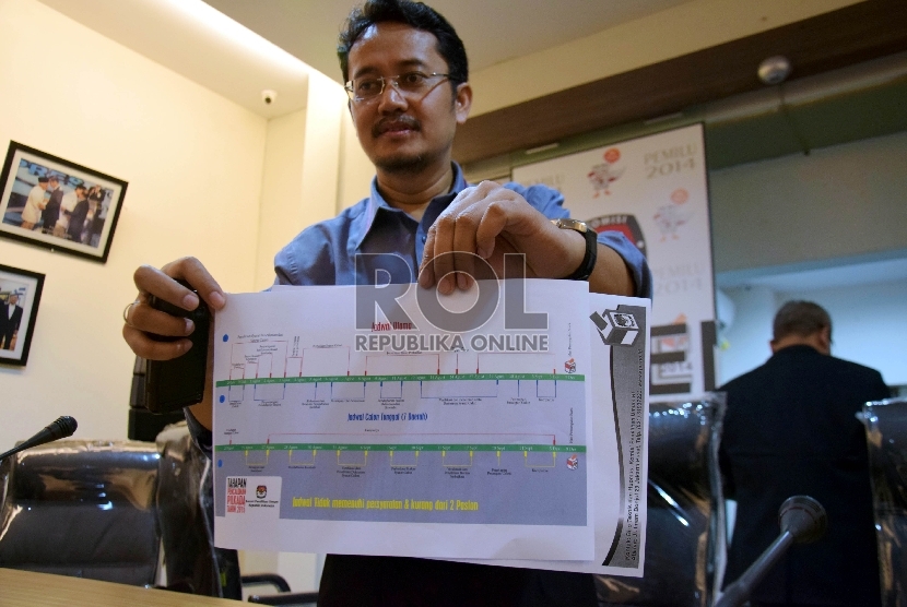 Anggota Komisioner KPU Ferry Kurnia Rizkiyansyah menunjukkan jadwal tahapan pendaftaran pasangan calon Pilkada 2015 di Kantor KPU, Jakarta, Selasa (11/8).  (Republika/Rakhmawaty La’lang)