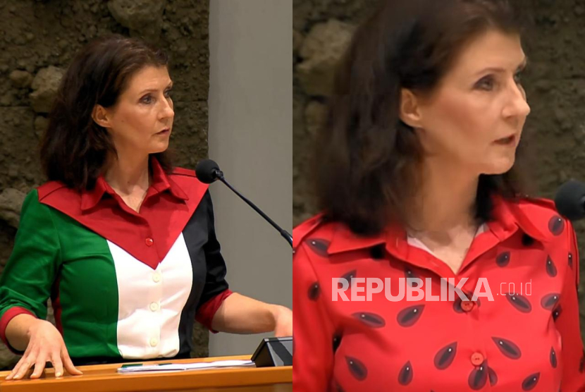 Anggota parlemen Belanda, Esther Ouwehand, yang juga pemimpin Partai untuk Hewan (Party for the Animals/PvdD), diminta meninggalkan ruang sidang Dewan Perwakilan Rakyat setelah mengenakan pakaian berwarna bendera Palestina saat rapat anggaran pada Kamis (19/9/2025). 