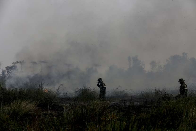 Asap mengepul dari lahan yang terbakar (ilustrasi). BMKG endeteksi 3.675 titik panas di Pulau Sumatra. 