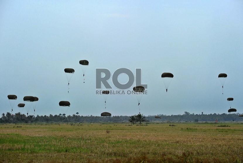 Paratroopers show their skills in the 68th Indonesian Independence day celebration in Seunuddon, Lhoksukon, North Aceh, on August 17, 2013.