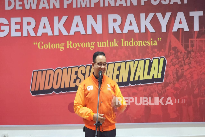 Anies Baswedan menghadiri deklarasi organisasi masyarakat Gerakan Rakyat di Jakarta Inisiatif Office, Jakarta Selatan, Kamis (27/2/2025).