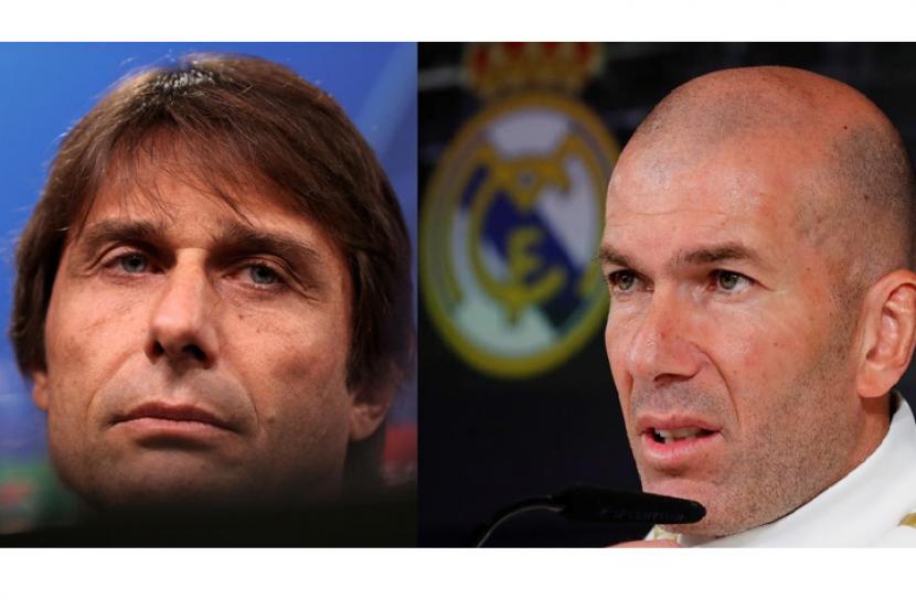 Pelatih Inter Milan Antonio Conte (kiri) dan Pelatih Real Madrid Zinedine Zidane.