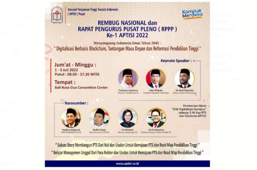  APTISI (Asosiasi Perguruan Tinggi Swasta Indonesia) akan selenggarakan Rembug Nasional, sekaligus Rapat Pengurus Pusat Pleno (RPPP) ke-1. 