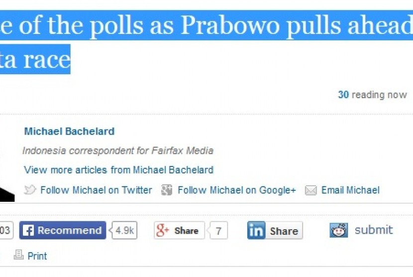 Artikel di The Sydney Morning Herald (SMH) yang mengulas elektabilitas Prabowo dan Jokowi.