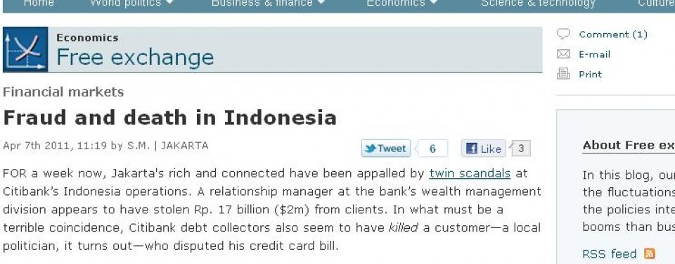 Artikel The Economist terkait pihak yang mengambil untung dari kisruh perbankan di Indonesia, terbit Kamis 7 April 2011