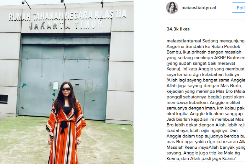 Artis Maia Estianty saat mengunjungi Angelina Sondakh di Rutan Pondok Bambu beberapa waktu lalu yang diunggah di Instagram pribadinya.