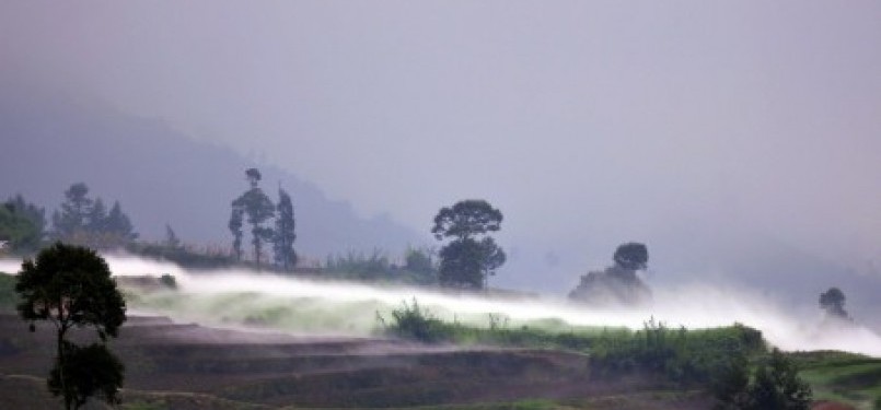 Asap mengandung gas karbondioksida CO2 menyelimuti permukaan kawah Timbang di dataran tinggi Dieng Dusun Simbar, Batur, Banjarnegara, Jateng, Selasa (31/5).