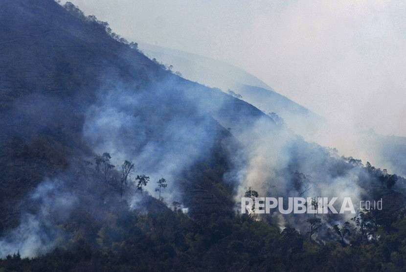 Asap mengepul dari kebakaran hutan Gunung Sumbing, Jawa Tengah. 