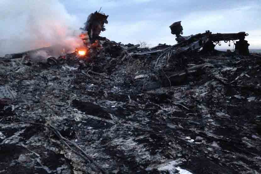 Asap mengepul di sebuah lokasi kecelakaan sebuah pesawat Malaysia Airlines, dekat desa Grabovo, Ukraina, Kamis(17/7). (AP/Dmitry Lovetsky)