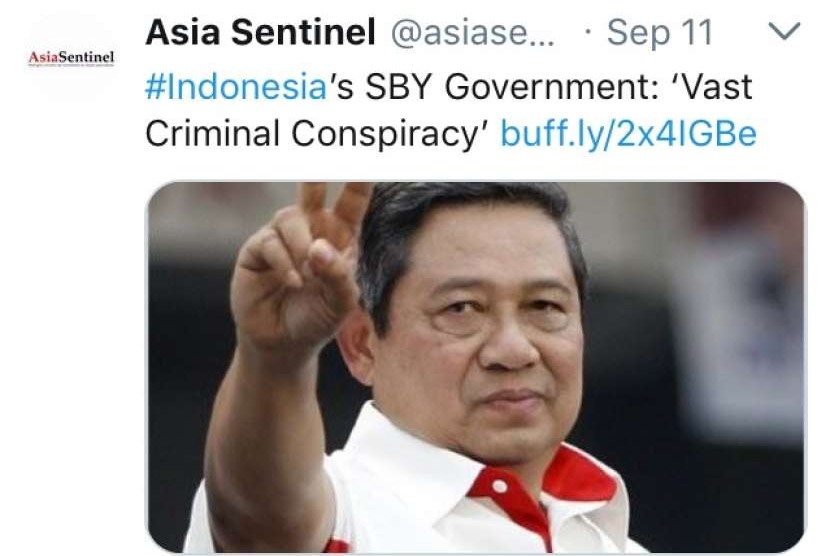 Asia Sentinel's twitter post on the news mentioning Susilo Bambang Yudhoyono administration's involvement in Bank Century scandal.