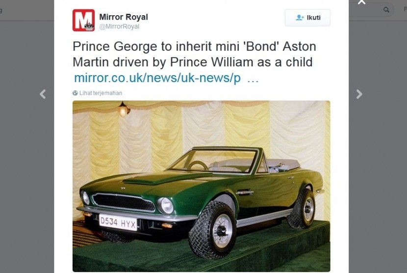 Aston Martin V8 Volante yang dulu dimiliki Pangeran William akan segera beralih menjadi mainan mobil-mobilan Pangeran George.