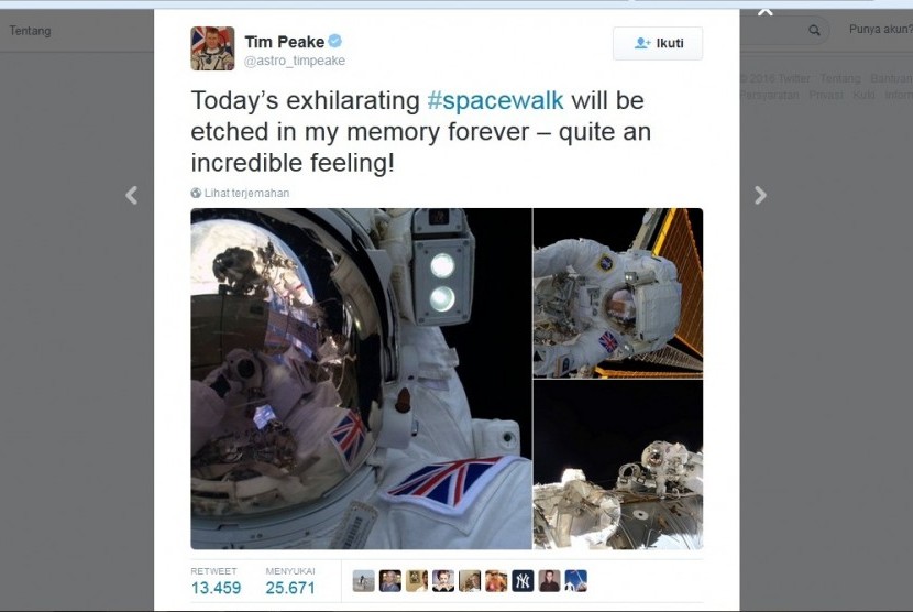 Astronot Tim Peake memperlihatkan perjalanannya di luar angkasa.
