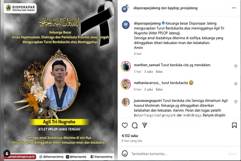 Atlet taekwondo peserta Pusat Pendidikan dan Latihan Olahraga Pelajar (PPLOP) asal Kabupaten Boyolali, Jawa Tengah (Jateng), ATN (16 tahun), meninggal dunia saat sedang mengikuti latihan.