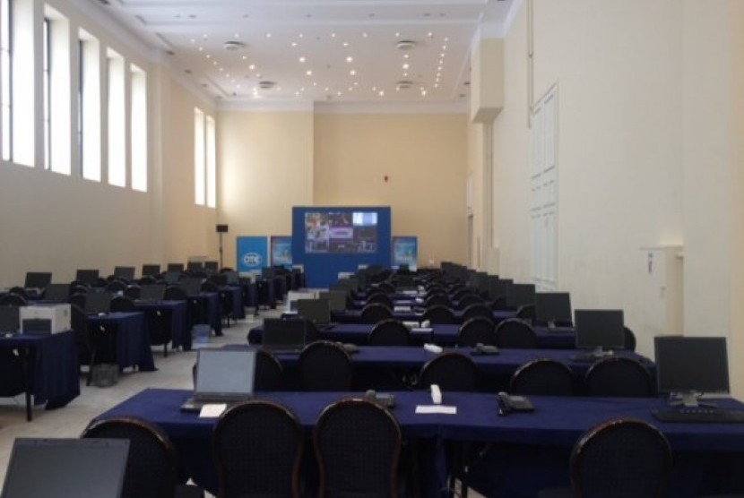 AulaKonvensi di Pusat Pameran dan Konferensi Zappeion, yang menjadi ruang pers dalam peliputan pemilu Yunani