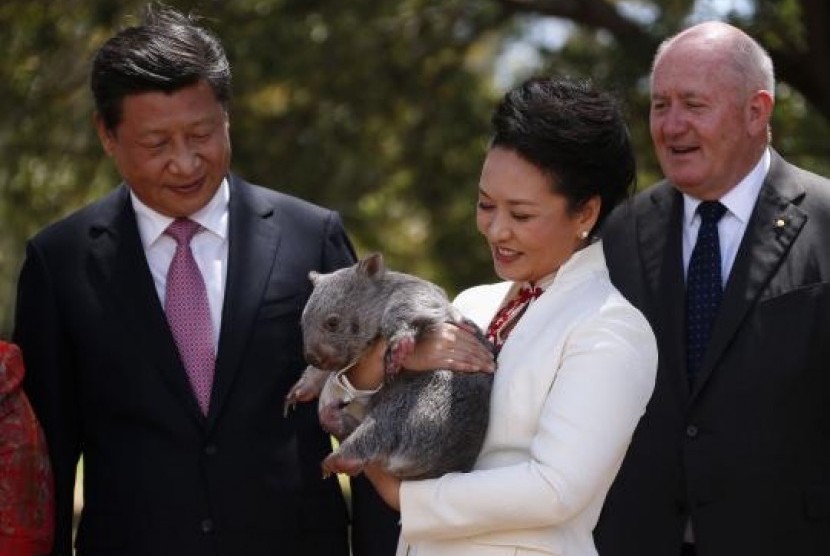 Australian Governor-General Peter Cosgrove (R) stands with China’s President Xi Jinping and his wife Peng Liyuan, as she holds a wombat in the grounds of Government House in Canberra November 17, 2014.