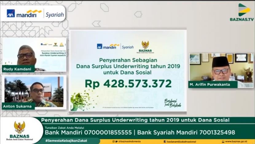 AXA Mandiri Melalui unit usahanya, AXA Mandiri Syariah, menyalurkan sebagian dana surplus underwriting atas penjualan produk asuransi syariah pada 2019 sebesar Rp 428,6 juta sebagai dana sosial melalui BAZNAS. 
