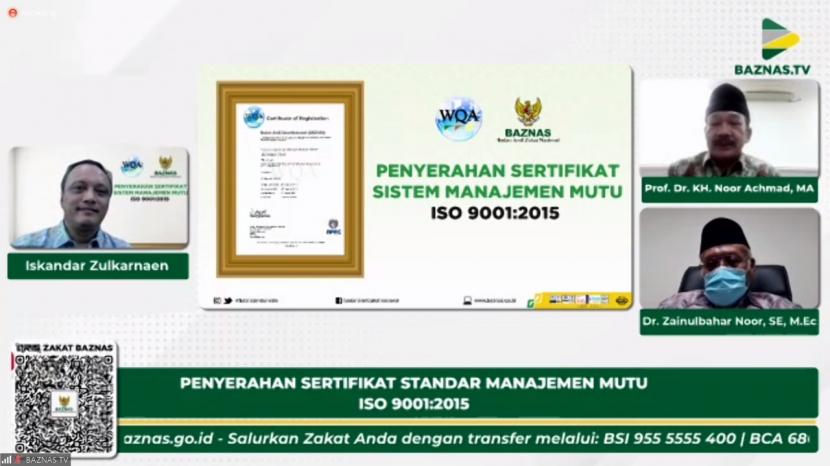 Badan Amil Zakat Nasional (Baznas) kembali berhasil mempertahankan sertifikat Sistem Manajemen Mutu ISO 9001:2015. Sertifikat ini menjadi kado HUT Baznas ke-21 pada 17 Januari 2022. 