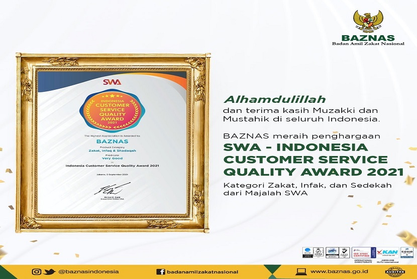 Badan Amil Zakat Nasional (Baznas) RI berhasil meraih penghargaan Indonesia Customer Service Quality Award 2021 kategori Zakat, Infak dan Sedekah (ZIS) dari Majalah SWA, Kamis (9/9). 