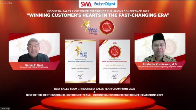 Badan Amil Zakat Nasional (Baznas) RI berhasil meraih penghargaan Indonesia Customer Experience Champion 2022 dan Indonesia Sales Team Champion 2022 dari  Majalah SWA dan Business Digest, Selasa (9/8/2022). 