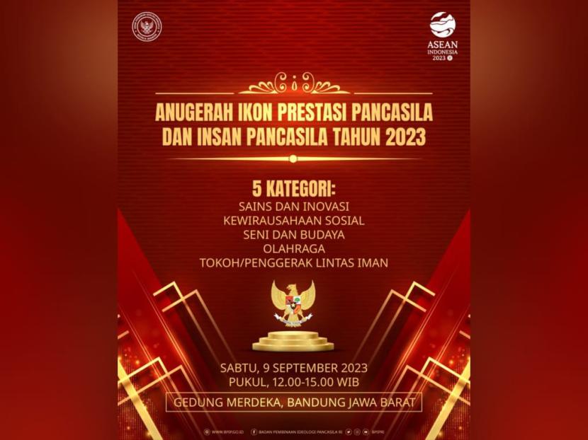 Badan Pembinaan Ideologi Pancasila (BPIP) akan menggelar Penganugerahan Ikon Prestasi Pancasila di Gedung Merdeka dan Kirab Pancasila di sepanjang jalan Asia-Afrika, Kota Bandung, Sabtu (9/9/2023) mulai pukul 12.30 Wib sampai 17.30 Wib. 