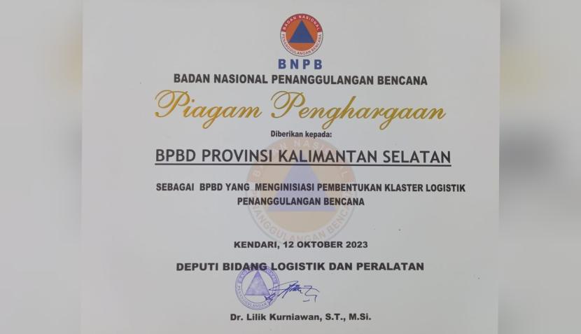 Badan Penanggulangan Bencana Daerah (BPBD) Provinsi Kalimantan Selatan dinobatkan sebagai provinsi terbaik tingkat nasional di bidang klaster logistik penanggulangan bencana.