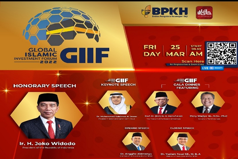 Badan Pengelola Keuangan Haji (BPKH) akan kembali menyelenggarakan Global Islamic Investment Forum 2022 (GIIF 2022) pada Jumat, (25/3/2022) secara daring dan luring. GIIF 2022 akan dihadiri sekitar 100 peserta di lokasi acara Ballroom Hotel Pullman Central, Jakarta, dan sekitar 300 peserta melalui platform virtual. 