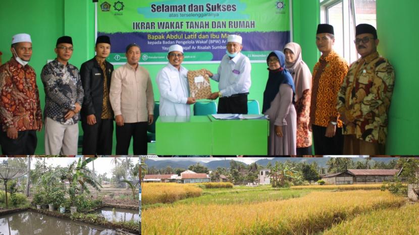 Badan Pengelola Wakaf (BPW) Ar Risalah menandatangani prosesi ikrar wakaf tanah kebun, sawah, kolam ikan dan rumah senilai Rp 1 miliar di  Kantor Urusan Agama (KUA) Kecamatan Kubung, Kabupaten Solok, Kamis (11/11).