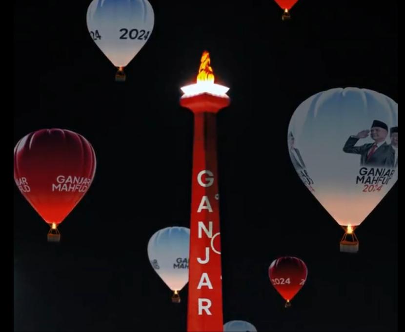 Balon udara bergambar Ganjar Pranowo dan Mahfud MD di Monas, Jakarta Pusat, viral di X. Prabu Revolusi sebut CGI Ganjar-Mahfud bukan APK atau spanduk hanya hasil kreativitas.