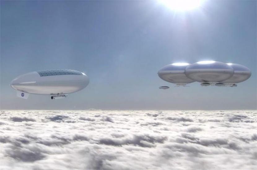Balon udara Zeppelin melayang di atas awan Venus.