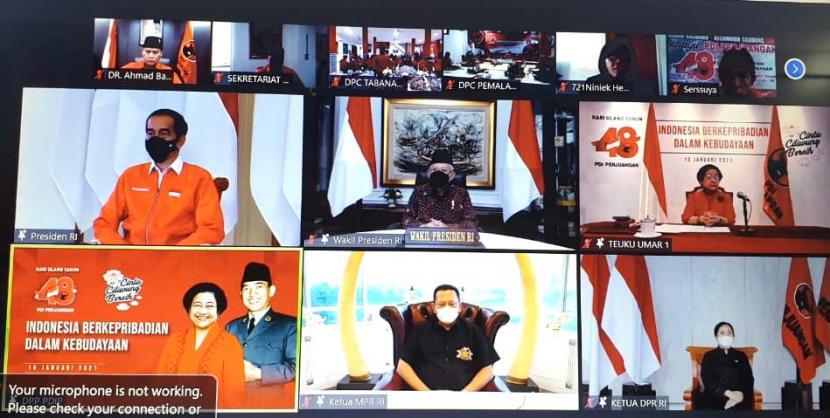 Bamsoet saat menghadiri perayaan HUT ke-48 PDI Perjuangan, secara virtual di Jakarta, Ahad (10/1).