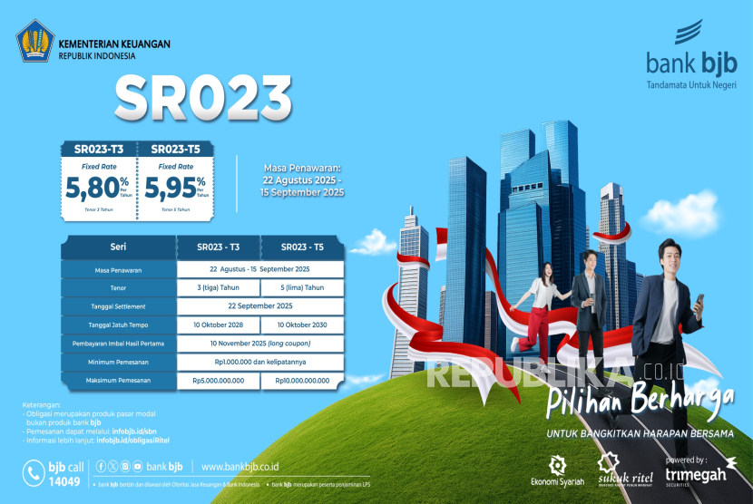 Bank bjb menawarkan investasi suku ritel syariah seri SR023 dengan pilihan tenor tiga dan tiga tahun. Imbal hasilnya masing-masing 5,80 persen dan 5,95 persen. 