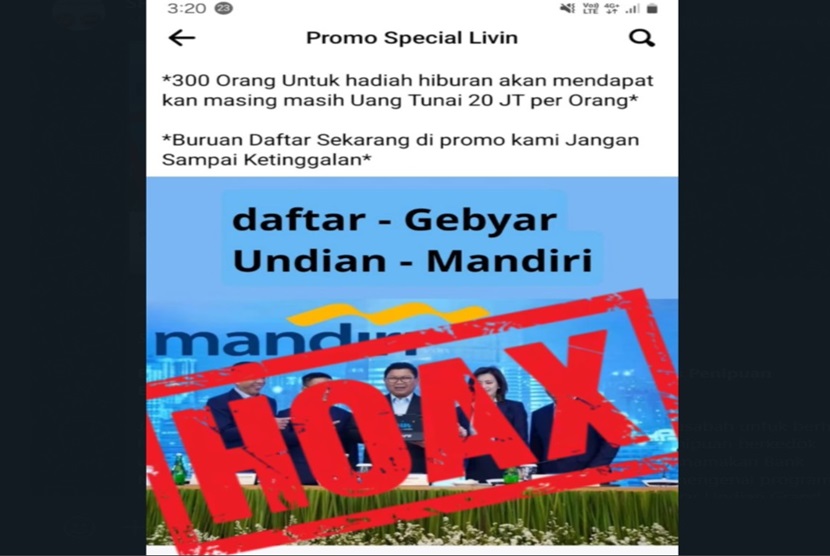 Bank Mandiri mengimbau kepada para nasabah untuk berhati-hati dengan kejahatan pembobolan rekening dengan modus penipuan berkedok undian berhadiah. Aksi kejahatan dengan modus yang mengatasnamakan Bank Mandiri tersebut dilakukan pelaku dengan menyebar informasi mengenai program undian palsu yang tersebar di media sosial dengan tagline Gebyar Undian Grand Prize.