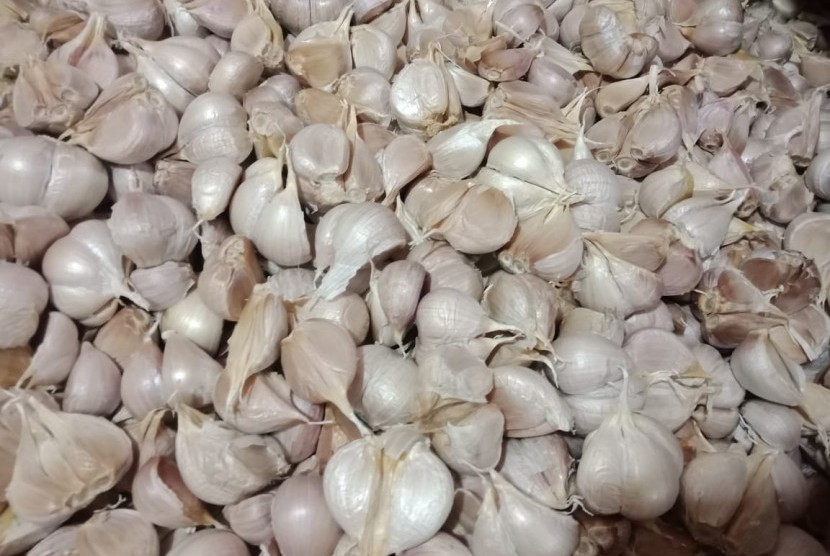 Bawang Putih Dorong Inflasi April: Bawang putih impor yang dijual di Pasar Induk Kramat Jati, Jakarta Timur, Ahad (14/4). 