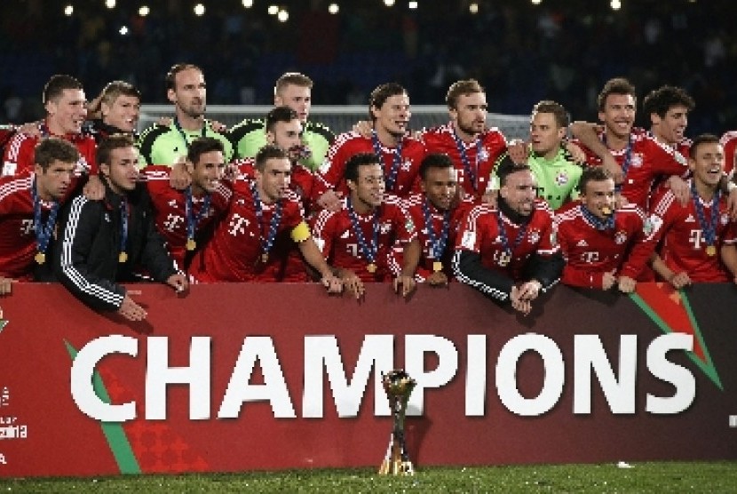 Bayern Muenchen saat merayakan gelar juara Piala Dunia Antarklub 2013 di Maroko.