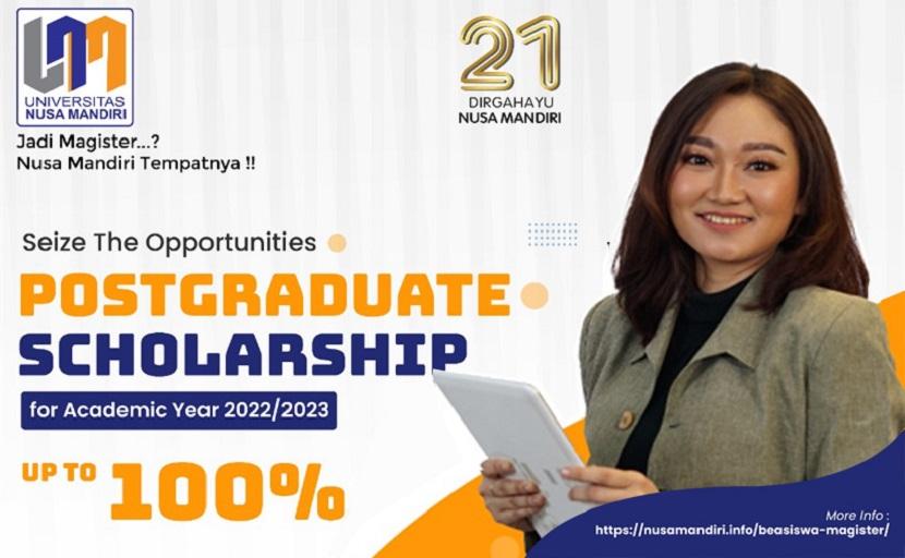 Beasiswa magister Universitas Nusa Mandiri 2022, menawarkan beasiswa bagi para alumni, guru, calon mahasiswa (masyarakat umum) yang memiliki keahlian di bidang start up atau digipreneur.