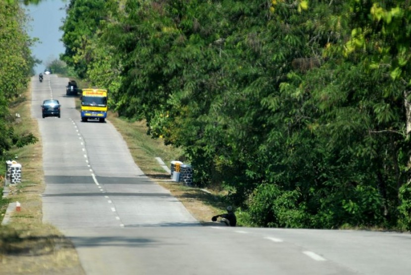 Beberapa kendaraan melewati jalan di tengah hutan jati di Cikamurang, Indramayu, Jaaw Barat, Kamis (25/8). Cikamurang merupakan salah satu jalan alternatif bagi pemudik menuju Cirebon dengan waktu tempuh 1,5 jam lebih cepat dari pada melewati Indramayu. Na