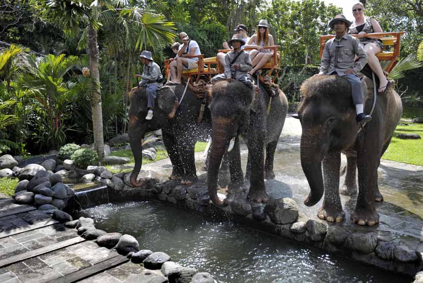Beberapa wisatawan mancanegara menikmati wisata menunggang gajah di Bali Zoo Park, Desa Singapadu, Gianyar, Bali. 