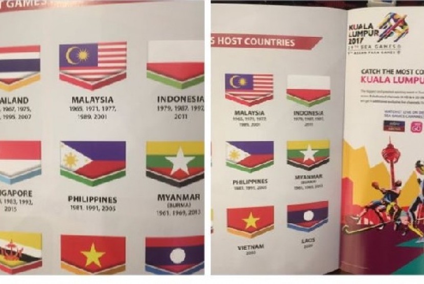 Bendera merah putih tampak dicetak terbalik di buku panduan SEA Games ke-29 di Malaysia.