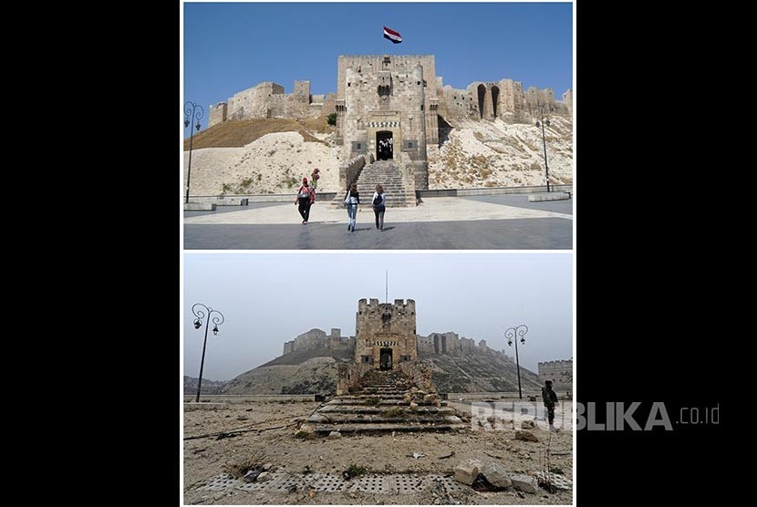 Benteng bersejarah di  Aleppo pada tahun pada 10 Agustus 2010 (atas) dan kondisi terakhir 13 Desember 2016.
