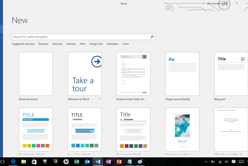 Berbagai pilihan template di Microsoft Office 2016.