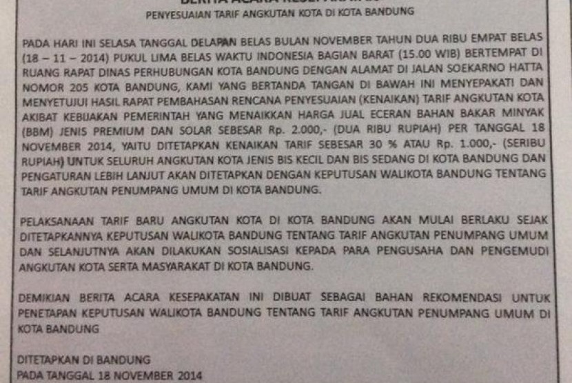 Berita acara kesepakatan penyesuaian tarif angkot di Kota Bandung